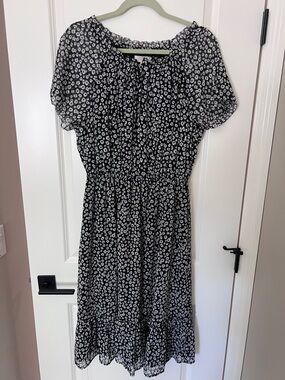 LOFT Plus Black Floral w/Gold flecks, tie neck, ruffle, midi